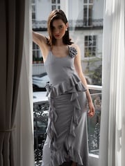 Amy Lynn Silver Satin Ruffle Wrap Skirt - Image 3 of 11
