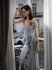 Amy Lynn Silver Satin Ruffle Wrap Skirt - Image 6 of 11