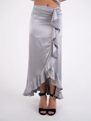 Amy Lynn Silver Satin Ruffle Wrap Skirt - Image 7 of 11
