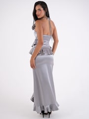 Amy Lynn Silver Satin Ruffle Wrap Skirt - Image 9 of 11