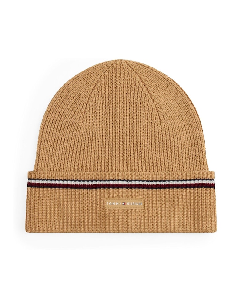 Tommy Hilfiger Brown Signature Tape Wool Blend Beanie - Image 1 of 5 Tommy Hilfiger Brown Signature Tape Wool Blend Beanie - Image 1 of 5