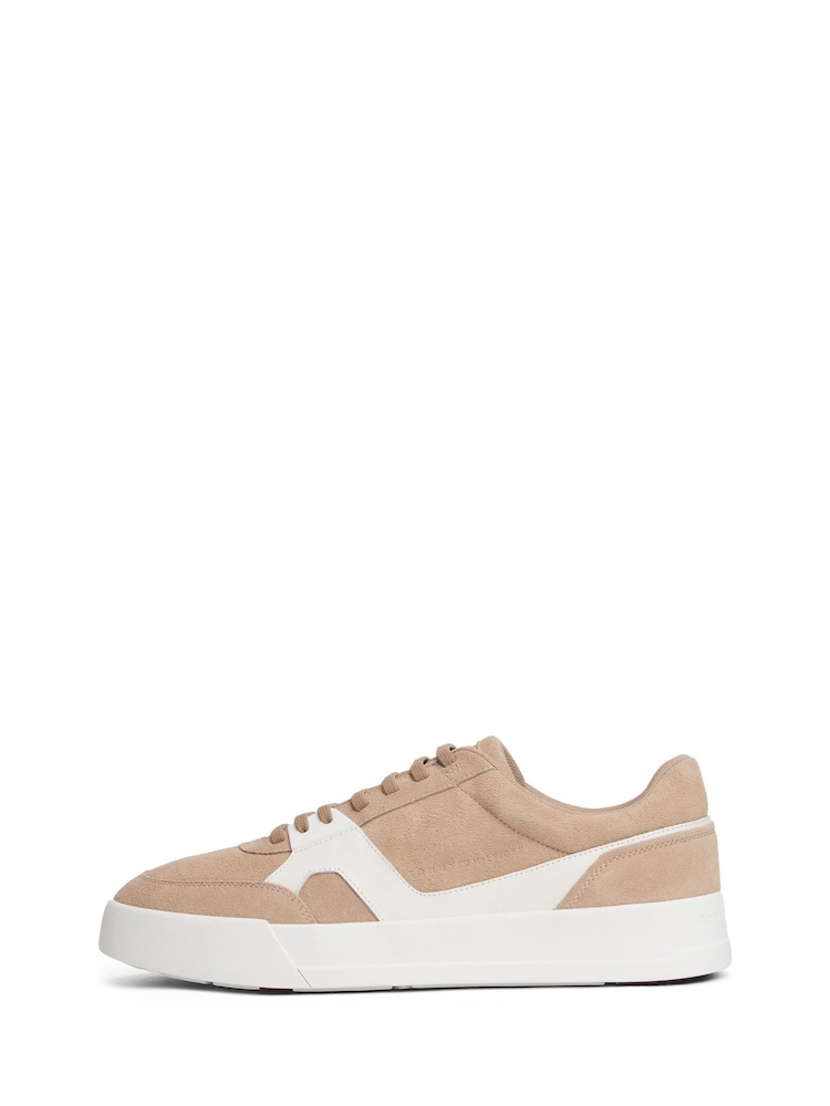 Tommy Hilfiger Brown Suede Mixed Texture Court Trainers - Image 1 of 7