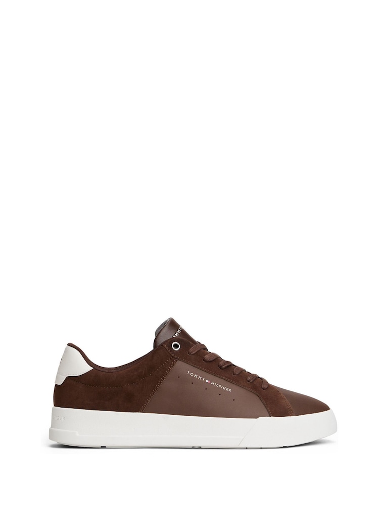 Tommy Hilfiger Brown Mixed Texture Leather Court Trainers - Image 1 of 6 Tommy Hilfiger Brown Mixed Texture Leather Court Trainers - Image 1 of 6