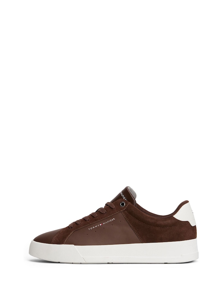 Tommy Hilfiger Brown Mixed Texture Leather Court Trainers - Image 2 of 6 Tommy Hilfiger Brown Mixed Texture Leather Court Trainers - Image 2 of 6
