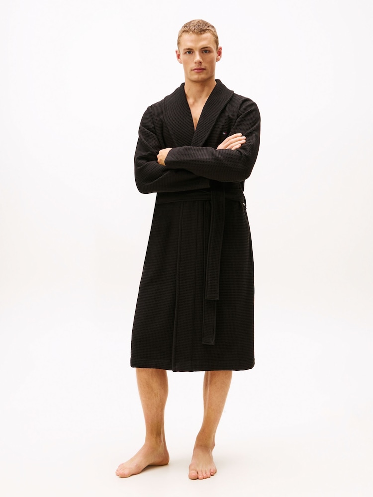 Tommy Hilfiger Black Essential Waffle Knit Robe - Image 1 of 5 Tommy Hilfiger Black Essential Waffle Knit Robe - Image 1 of 5
