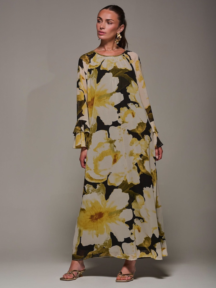 Jolie Moi Yellow Chiffon Long Sleeve Shift Maxi Dress - Image 1 of 6