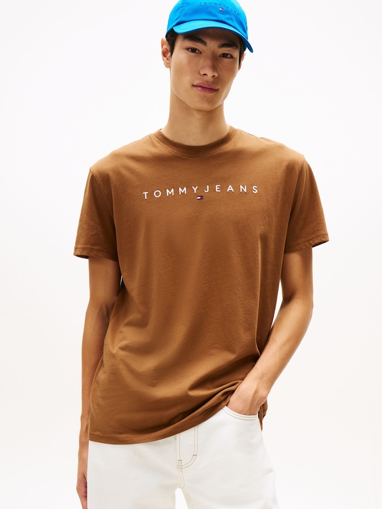 Tommy Jeans Brown Linear Logo Embroidery Crew Neck T-Shirt - Image 1 of 5 Tommy Jeans Brown Linear Logo Embroidery Crew Neck T-Shirt - Image 1 of 5