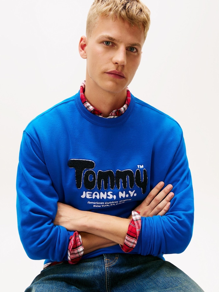 Tommy Jeans Blue Bouclé Logo Relaxed Sweatshirt - Image 2 of 5