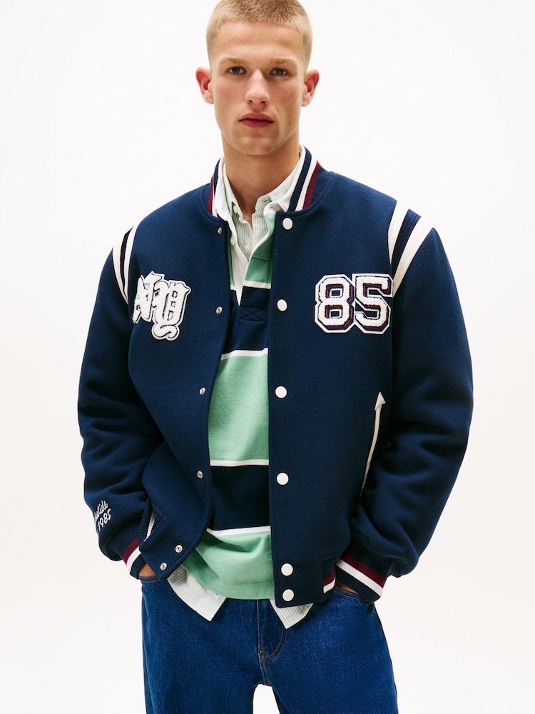 Tommy Jeans Blue Varsity Logo Appliqué Bomber Jacket With Wool - Image 1 of 5
