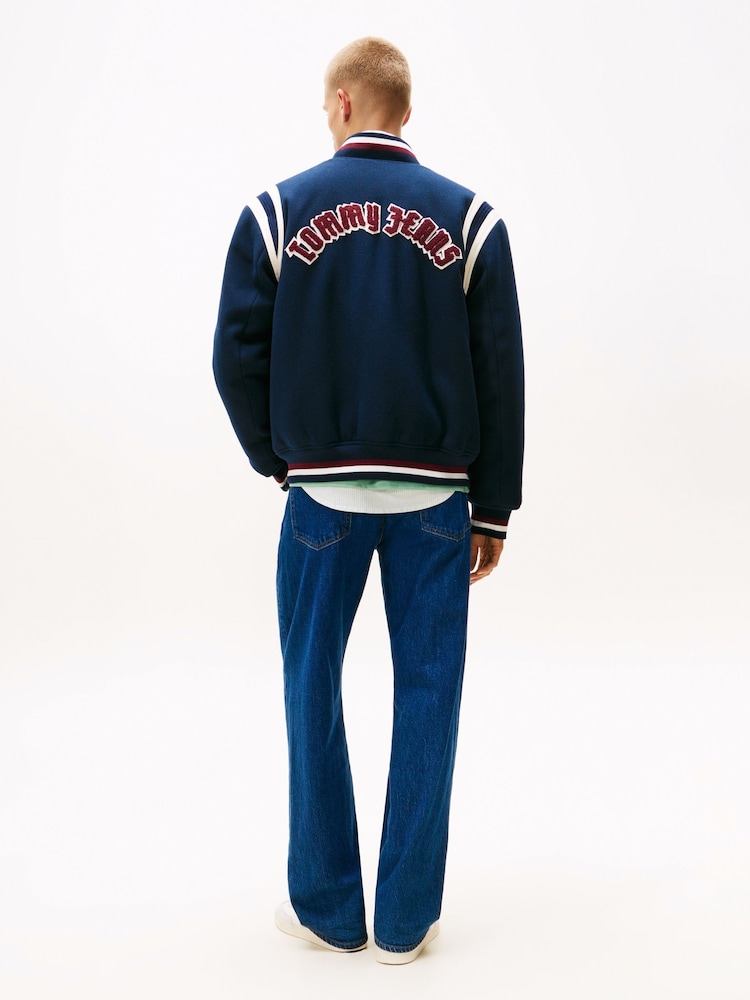 Tommy Jeans Blue Varsity Logo Appliqué Bomber Jacket With Wool - Image 2 of 5
