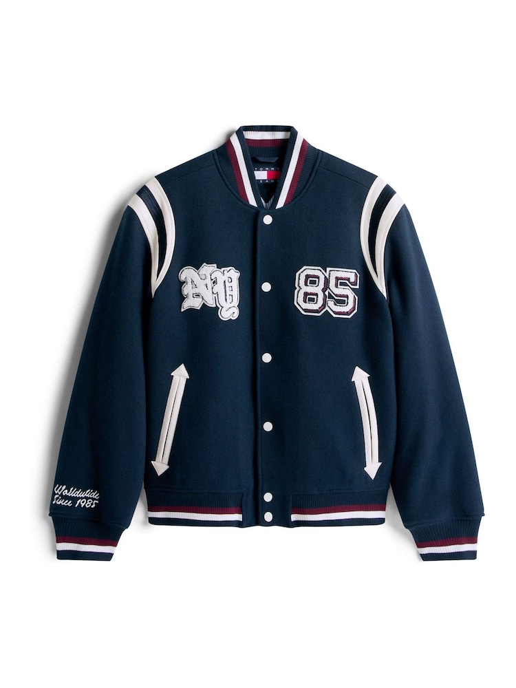 Tommy Jeans Blue Varsity Logo Appliqué Bomber Jacket With Wool - Image 5 of 5