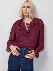 Ro&Zo Red Wine Dobby Ruffle Front Blouse - Image 1 of 4