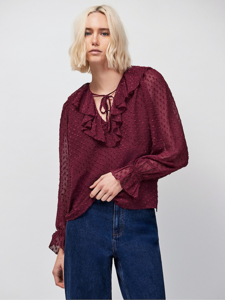 Ro&Zo Red Wine Dobby Ruffle Front Blouse - Image 2 of 4