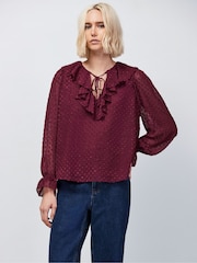Ro&Zo Red Wine Dobby Ruffle Front Blouse - Image 4 of 4