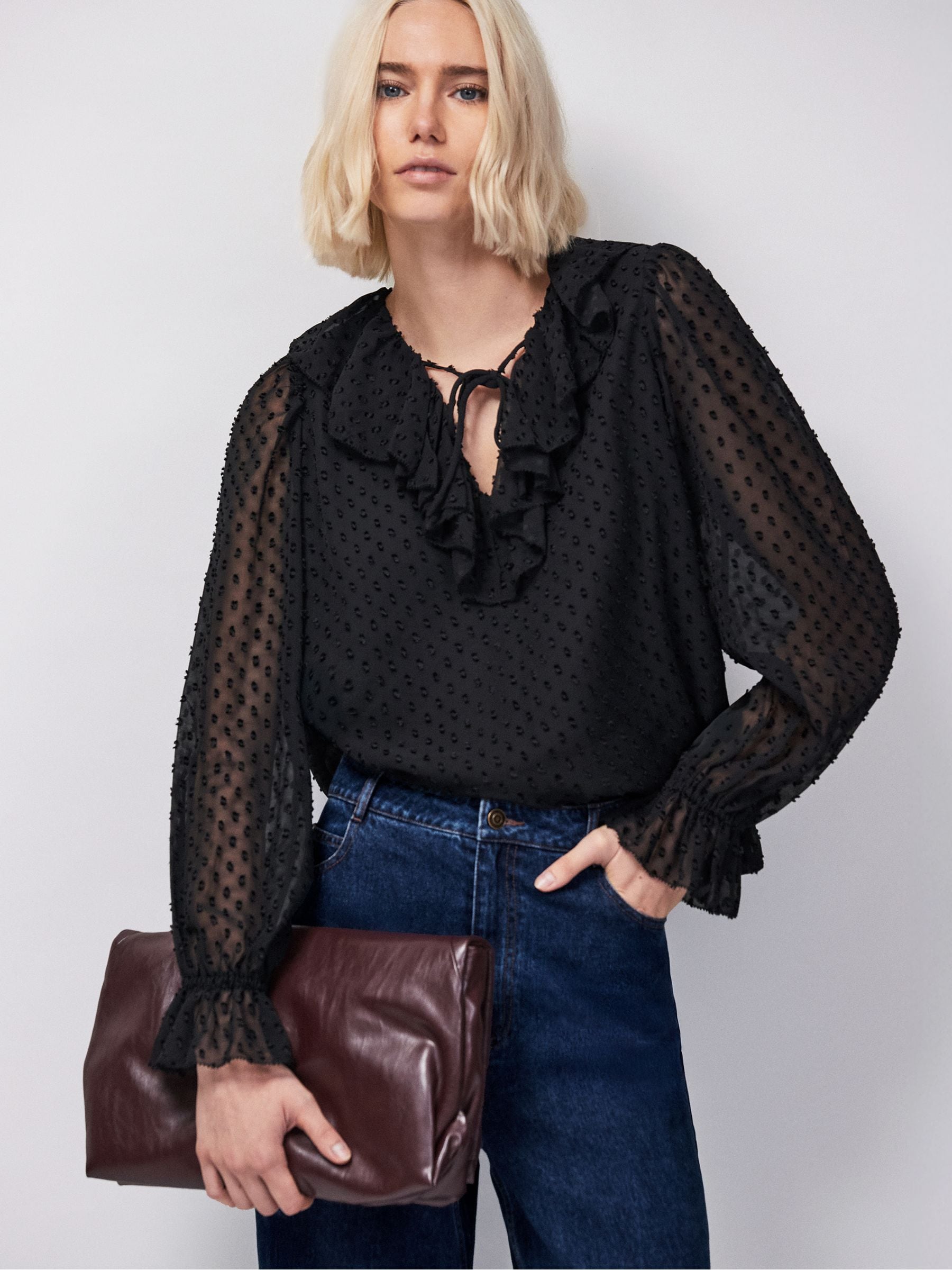 Buy Ro&Zo Black Dobby Ruffle Front Blouse from Next Romania
