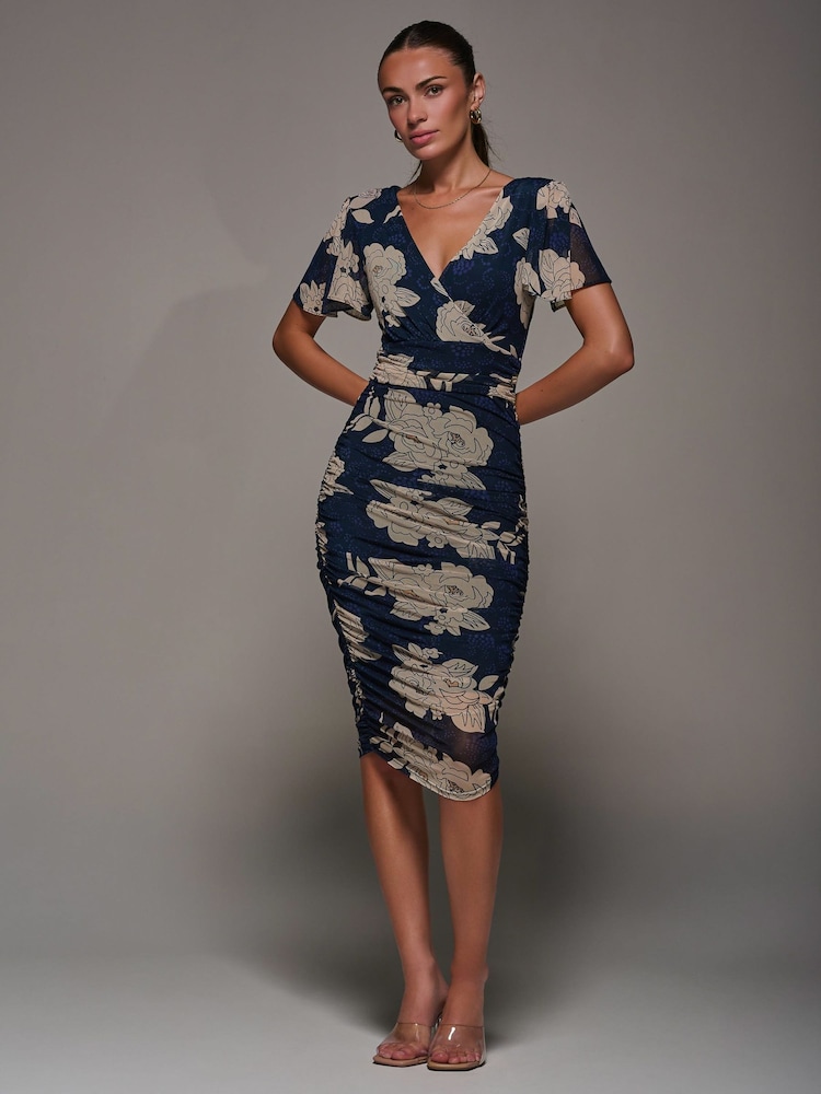 chiffon floral dress bodycon Olydia Midi Dress in Black Chiffon with Crystal Flower Print , V Neck