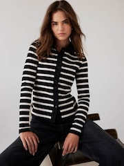 Mint Velvet Black Cotton Striped Polo Shirt - Image 1 of 8