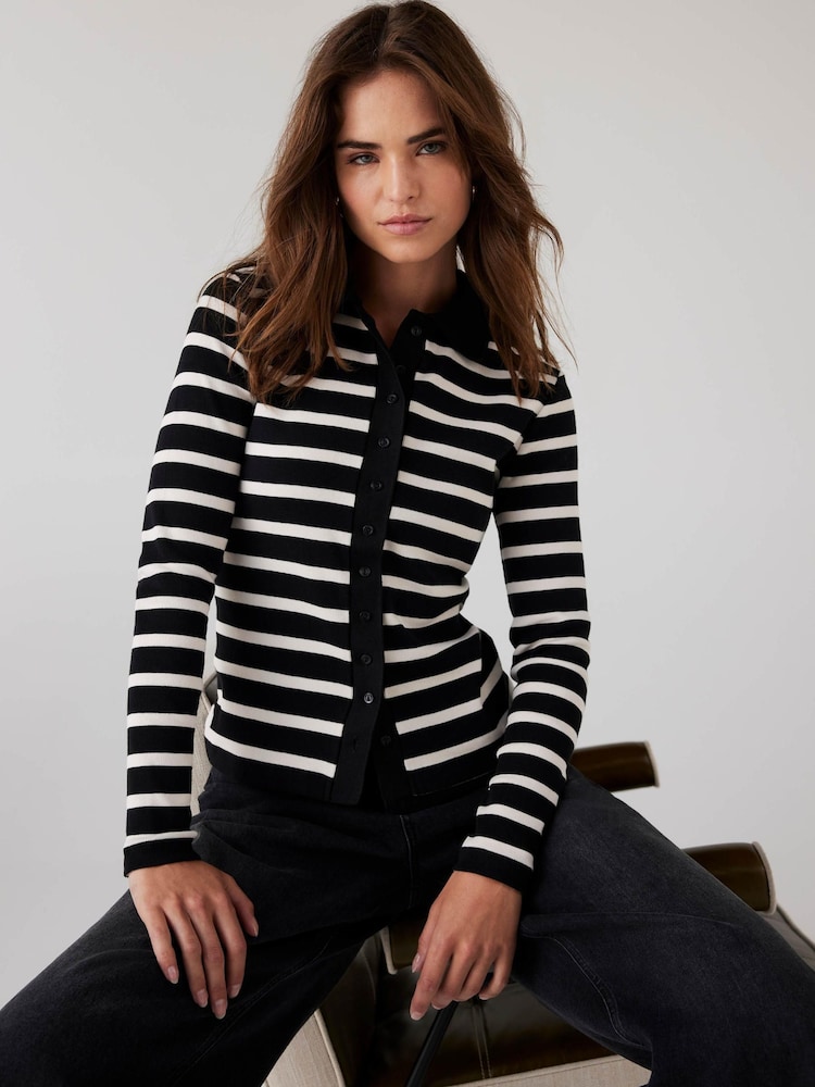 Mint Velvet Black Cotton Striped Polo Shirt - Image 1 of 8