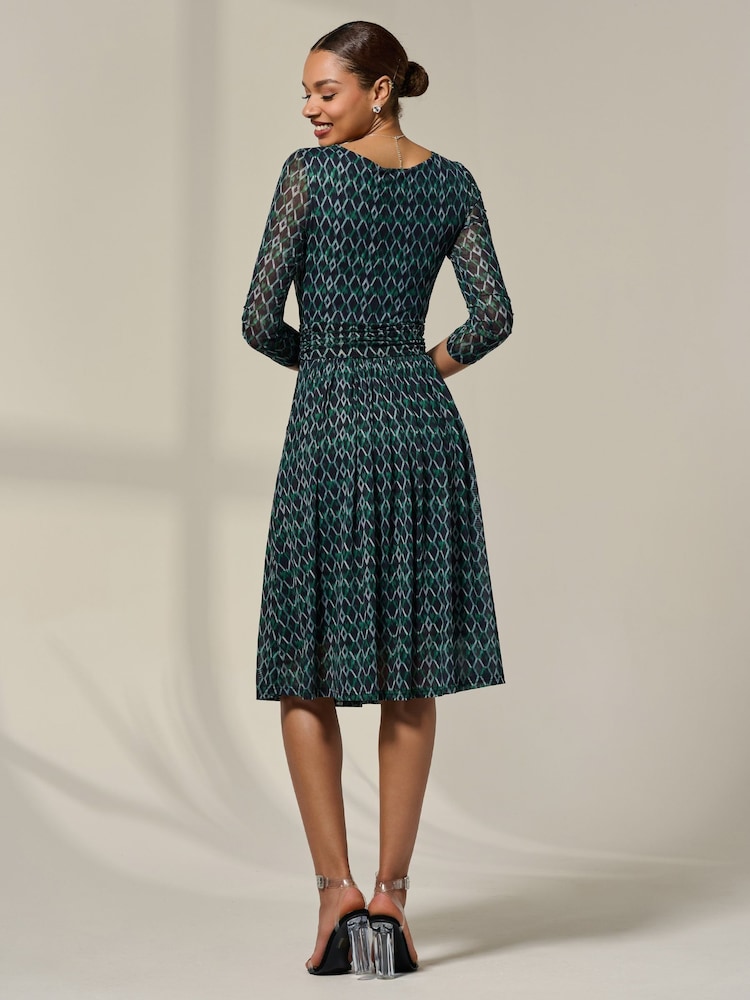 Jolie Moi Green 3/4 Sleeve Printed Mesh Dress - Image 2 of 7
