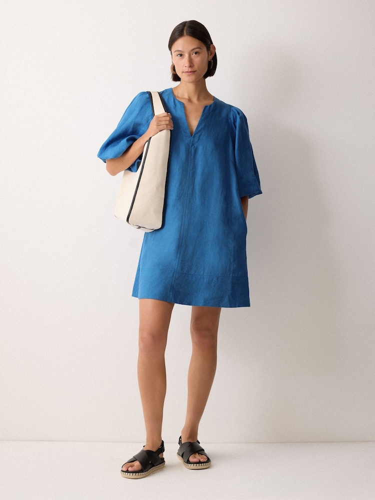 Jigsaw Blue Linen Puff Sleeve Mini Dress - Image 2 of 5 Jigsaw Blue Linen Puff Sleeve Mini Dress - Image 2 of 5