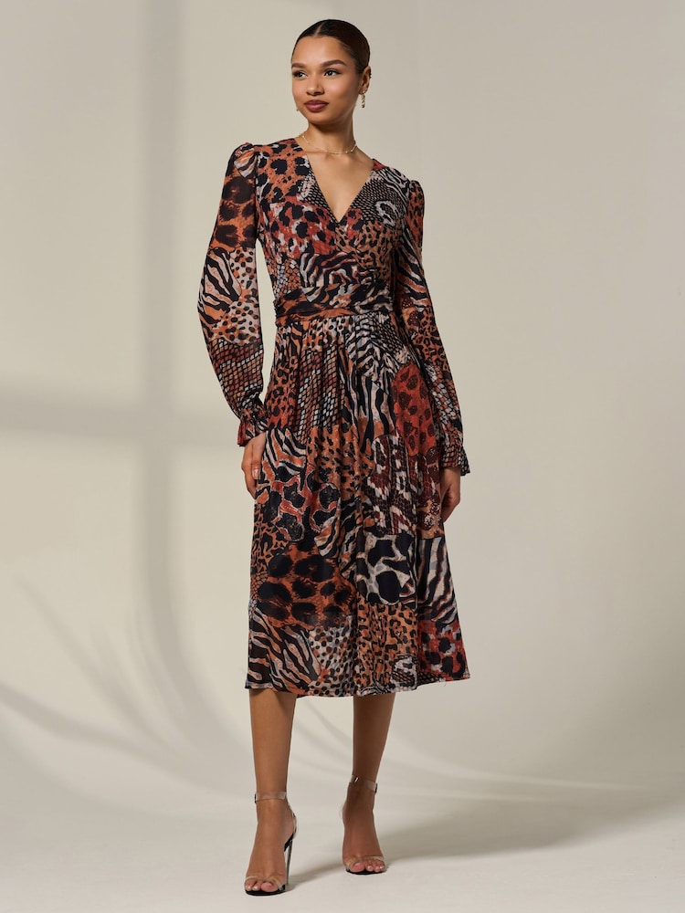 Jolie Moi Animal Mesh Long Ruffle Sleeve Midaxi Dress - Image 1 of 6 Jolie Moi Animal Mesh Long Ruffle Sleeve Midaxi Dress - Image 1 of 6