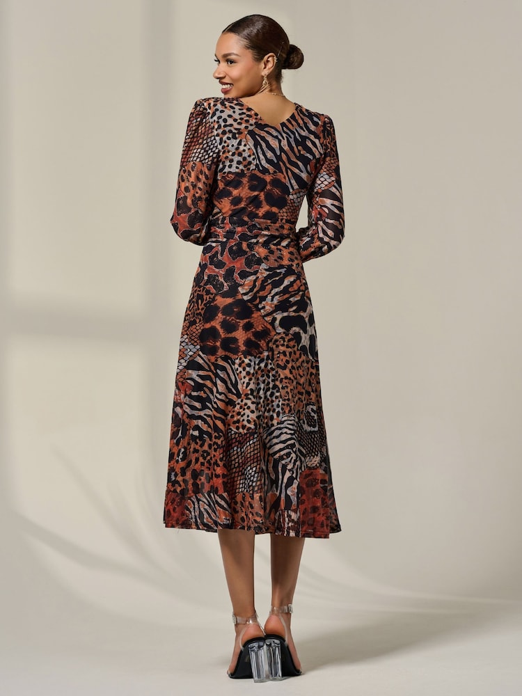 Jolie Moi Animal Mesh Long Ruffle Sleeve Midaxi Dress - Image 2 of 6 Jolie Moi Animal Mesh Long Ruffle Sleeve Midaxi Dress - Image 2 of 6