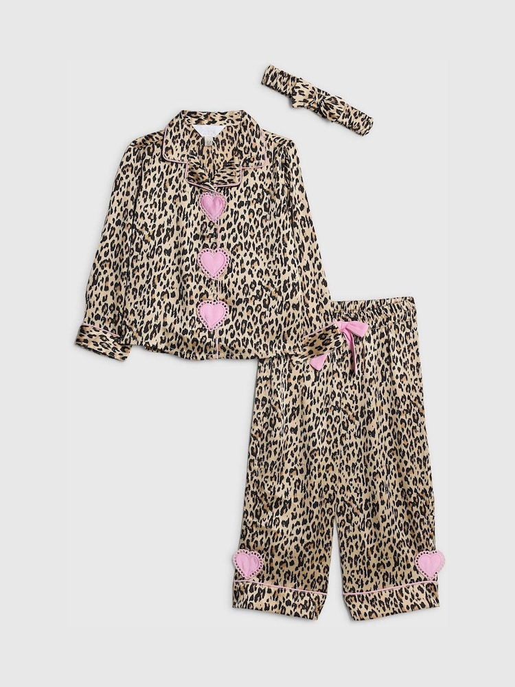 River Island Brown Leopard Heart Placket Pyjamas - Image 1 of 4