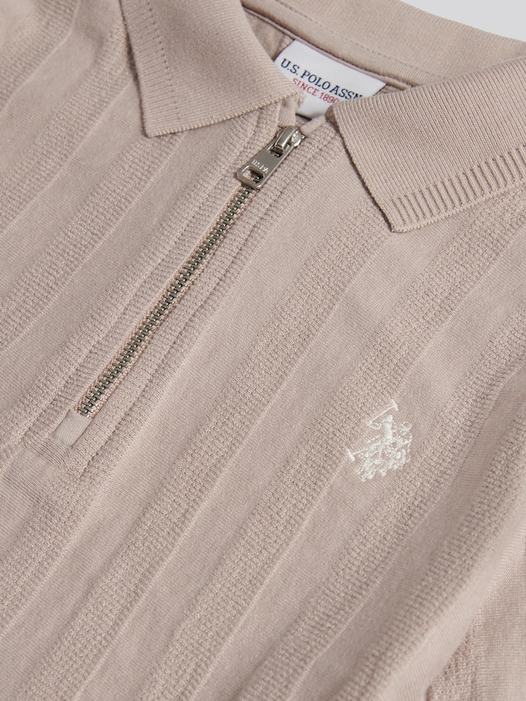 U.S. Polo Assn. Natural Vertical Stripe Texture Zip Polo Shirt - Image 3 of 3 U.S. Polo Assn. Natural Vertical Stripe Texture Zip Polo Shirt - Image 3 of 3