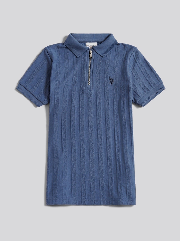 U.S. Polo Assn. Blue Vertical Stripe Texture Zip Polo Shirt - Image 1 of 3 U.S. Polo Assn. Blue Vertical Stripe Texture Zip Polo Shirt - Image 1 of 3
