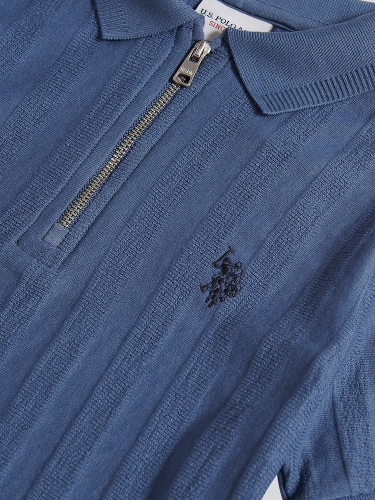 U.S. Polo Assn. Blue Vertical Stripe Texture Zip Polo Shirt - Image 3 of 3 U.S. Polo Assn. Blue Vertical Stripe Texture Zip Polo Shirt - Image 3 of 3