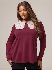 Yours Curve Brown Lace Collar Long Sleeve A-Line Top - Image 1 of 5