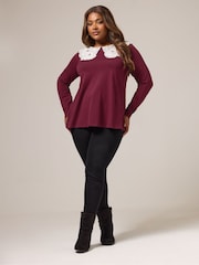 Yours Curve Brown Lace Collar Long Sleeve A-Line Top - Image 2 of 5