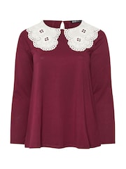 Yours Curve Brown Lace Collar Long Sleeve A-Line Top - Image 5 of 5