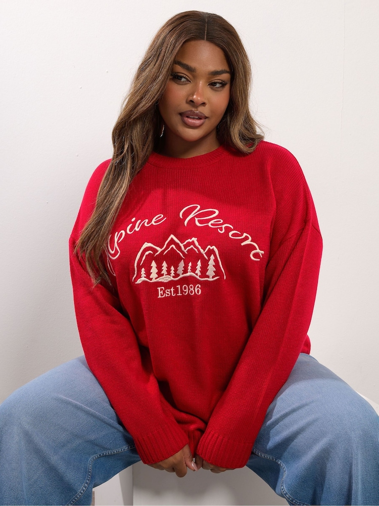 Yours Curve Red Embroidered Slogan Jumper - Image 1 of 6