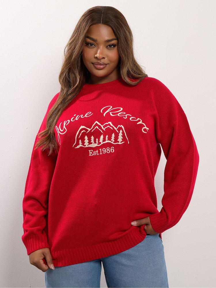 Yours Curve Red Embroidered Slogan Jumper - Image 2 of 6