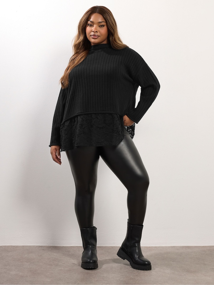 Yours Curve Black Lace Hem Jumper - Image 2 of 5