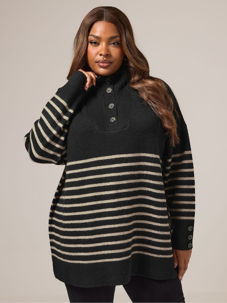 Yours Curve Black Button Through Neck Jumper - Image 1 of 5