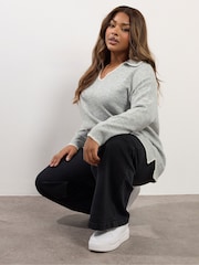 Yours Curve Grey Collared Tipped Jumper - Image 1 of 5