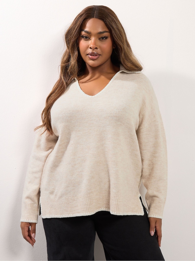 Yours Curve Pink Collared Tipped Jumper - Image 1 of 5