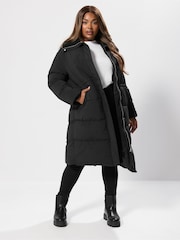 Yours Curve Black Funnel Neck Midi Coat - Image 1 of 5