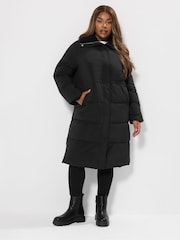 Yours Curve Black Funnel Neck Midi Coat - Image 2 of 5