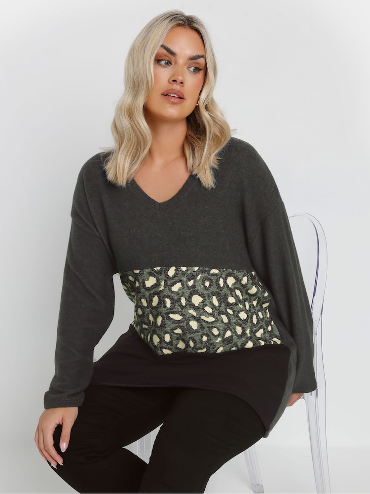 Yours Curve Grey Leopard Print Colourblock Jumper - Image 1 of 5 Yours Curve Grey Leopard Print Colourblock Jumper - Image 1 of 5