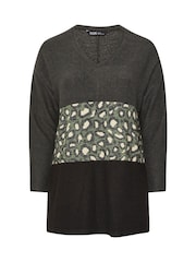 Yours Curve Grey Leopard Print Colourblock Jumper - Image 5 of 5
