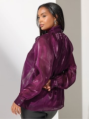 Yours Curve Purple London Shimmer Organza Bow Blouse - Image 3 of 5