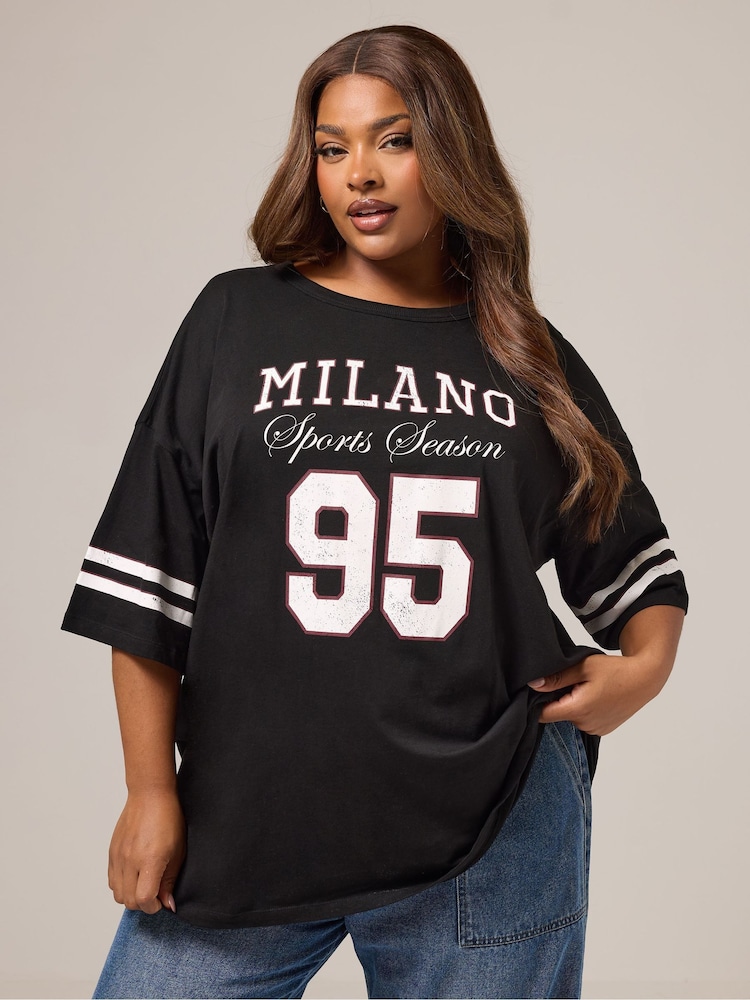 Yours Curve Black Placement Varsity 95 Boxy T-Shirt - Image 1 of 5