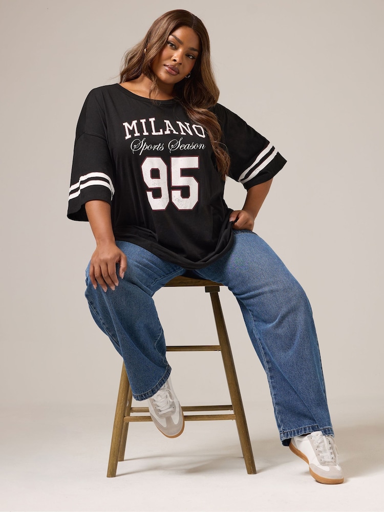 Yours Curve Black Placement Varsity 95 Boxy T-Shirt - Image 2 of 5