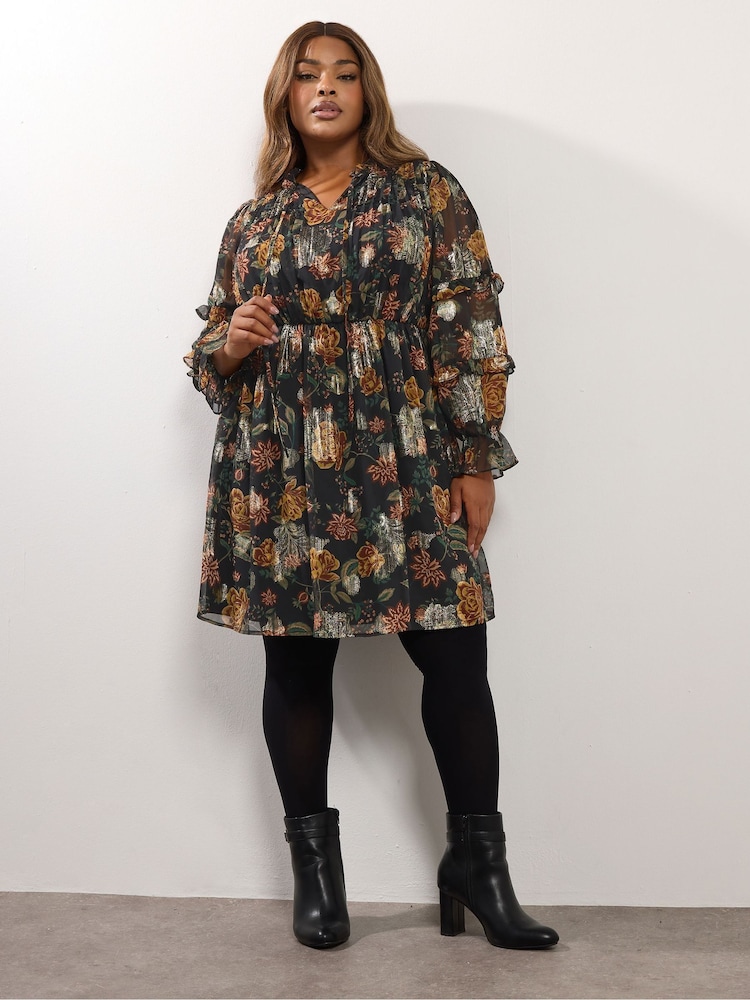 Yours Curve Black Party Metallic Tie Neck Dress - Image 1 of 4