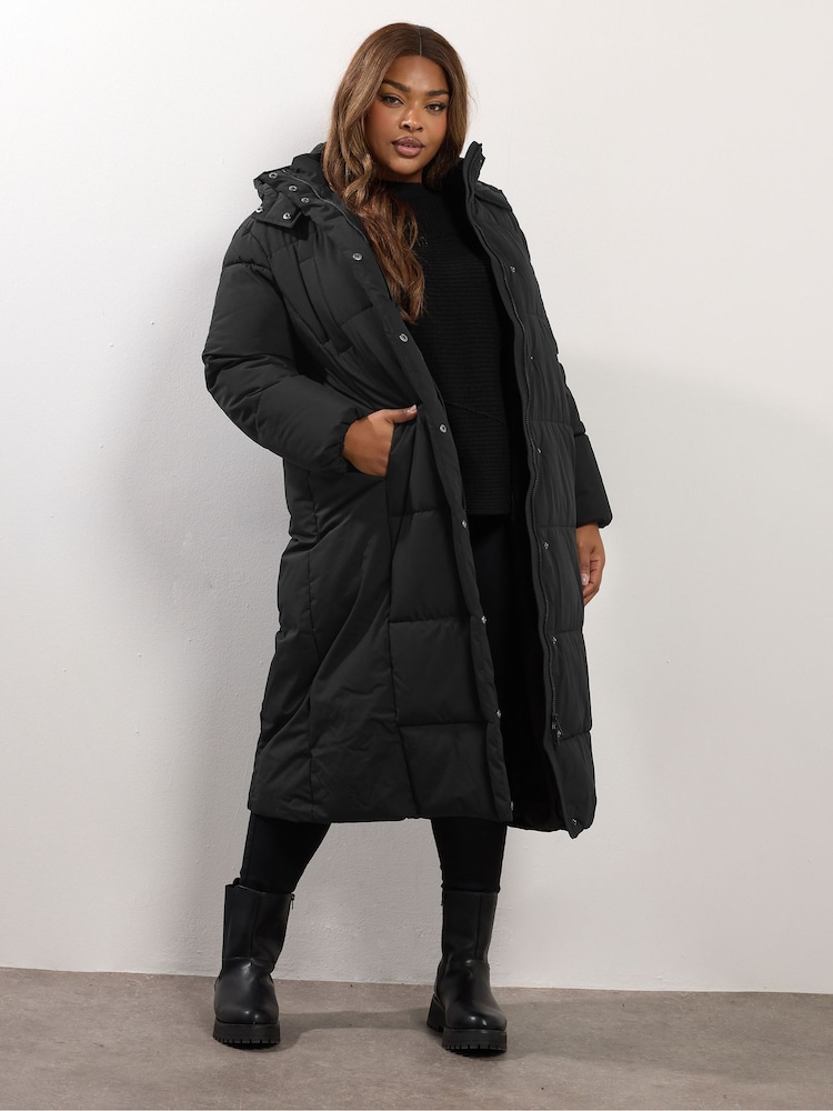 Yours Curve Black Midaxi Borg Padded Coat - Image 1 of 5