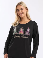 Yours Curve Black Long Sleeve Novelty Sparkle Trees T-Shirt - Image 1 of 5