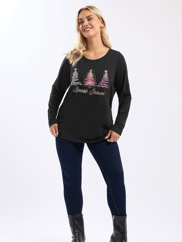 Yours Curve Black Long Sleeve Novelty Sparkle Trees T-Shirt - Image 2 of 5